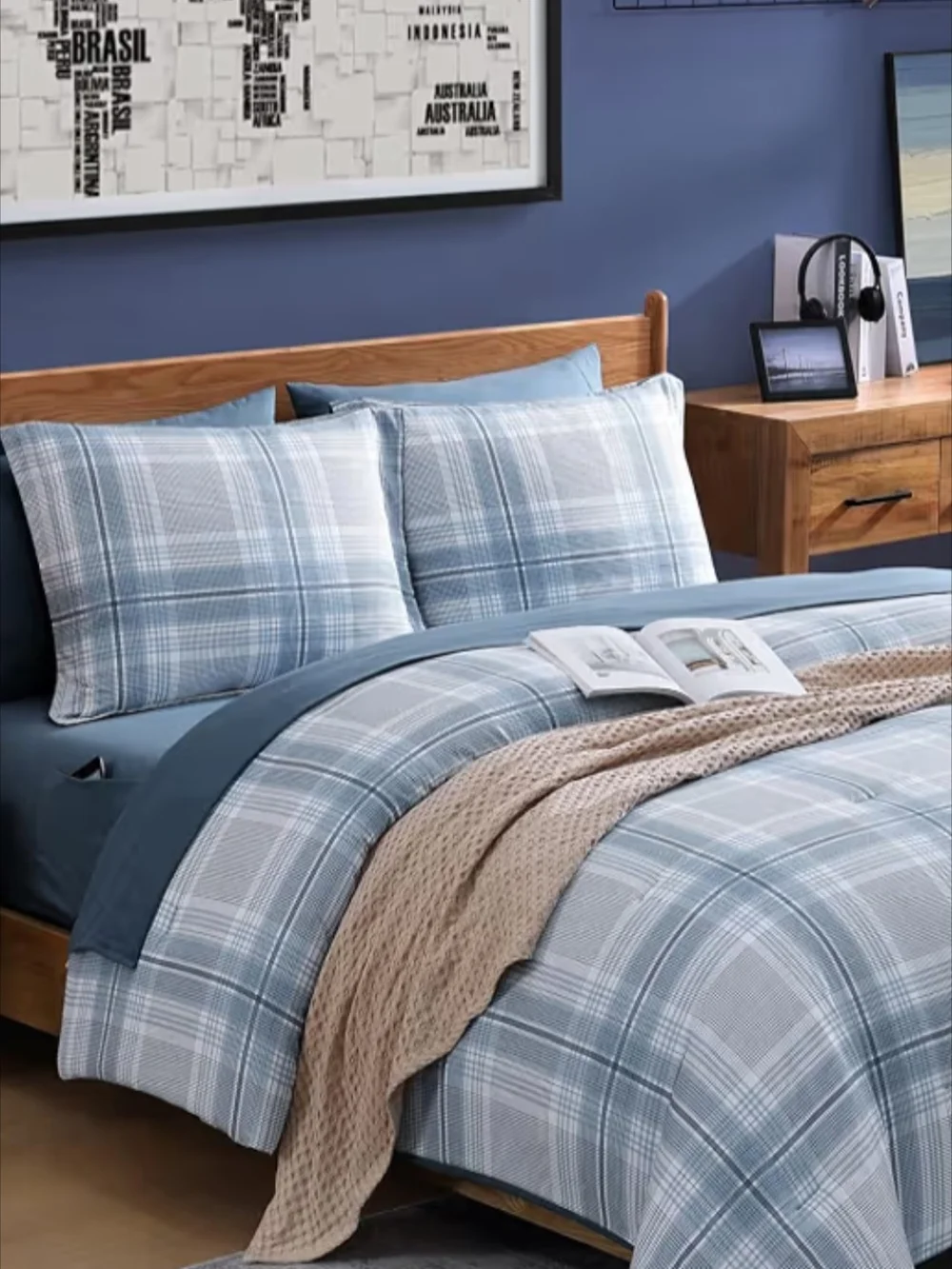 Twin XL Bed In A Bag Set.  Plaid Blue Cotton - Pillowcase Set - Classic Blue